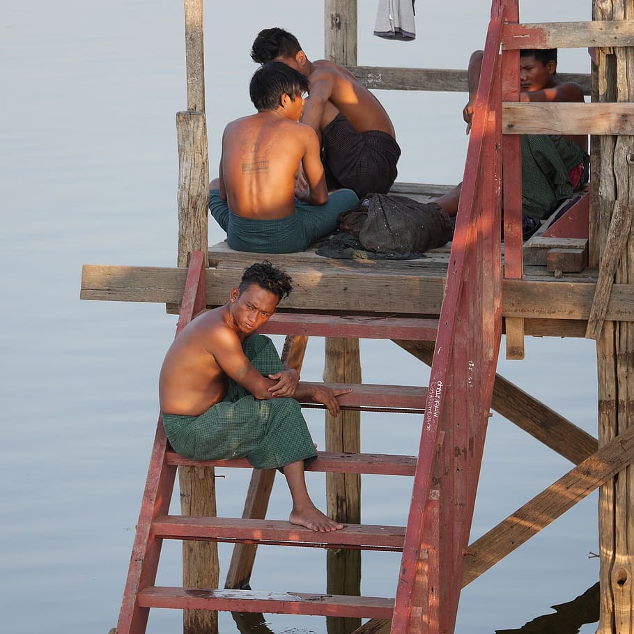 workers, asia, fisherman, burma, myanmar, group, shirtless, real people, wood - material, lifestyles