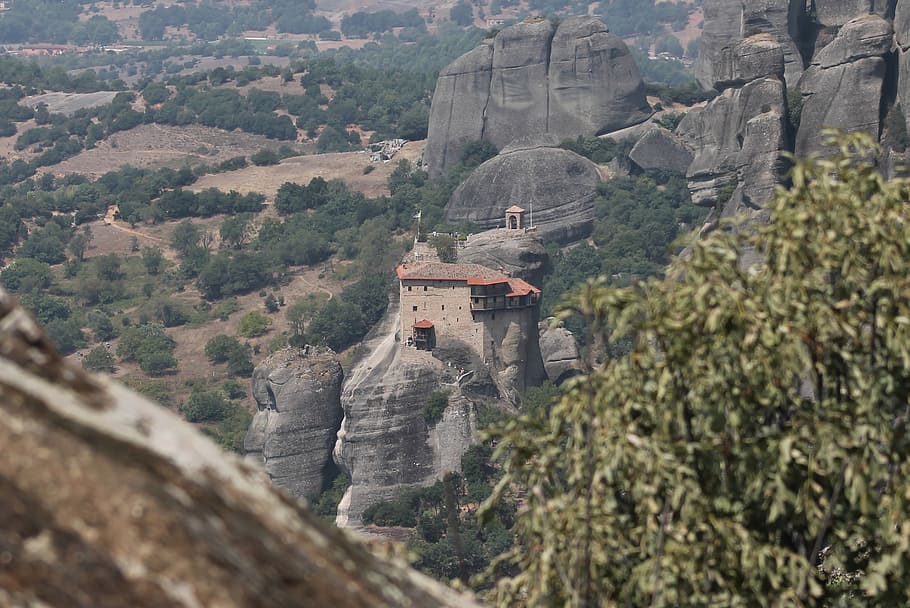 meteora, monastery, greece, cliff, mountain, built structure, architecture, tree, plant, building exterior