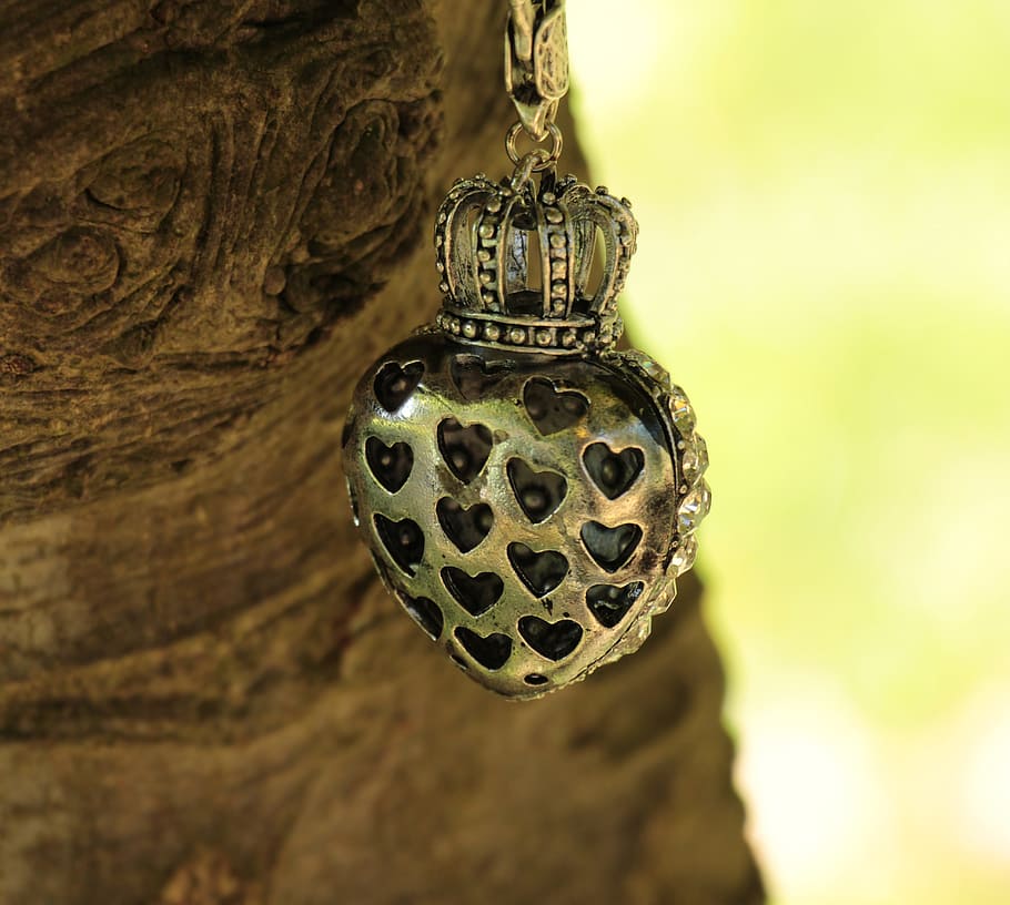 liontin berwarna perak berbentuk hati, coklat, batang pohon, jantung, mahkota, pohon, berlian imitasi, rhinestones, hati dengan mahkota, hati berlian imitasi