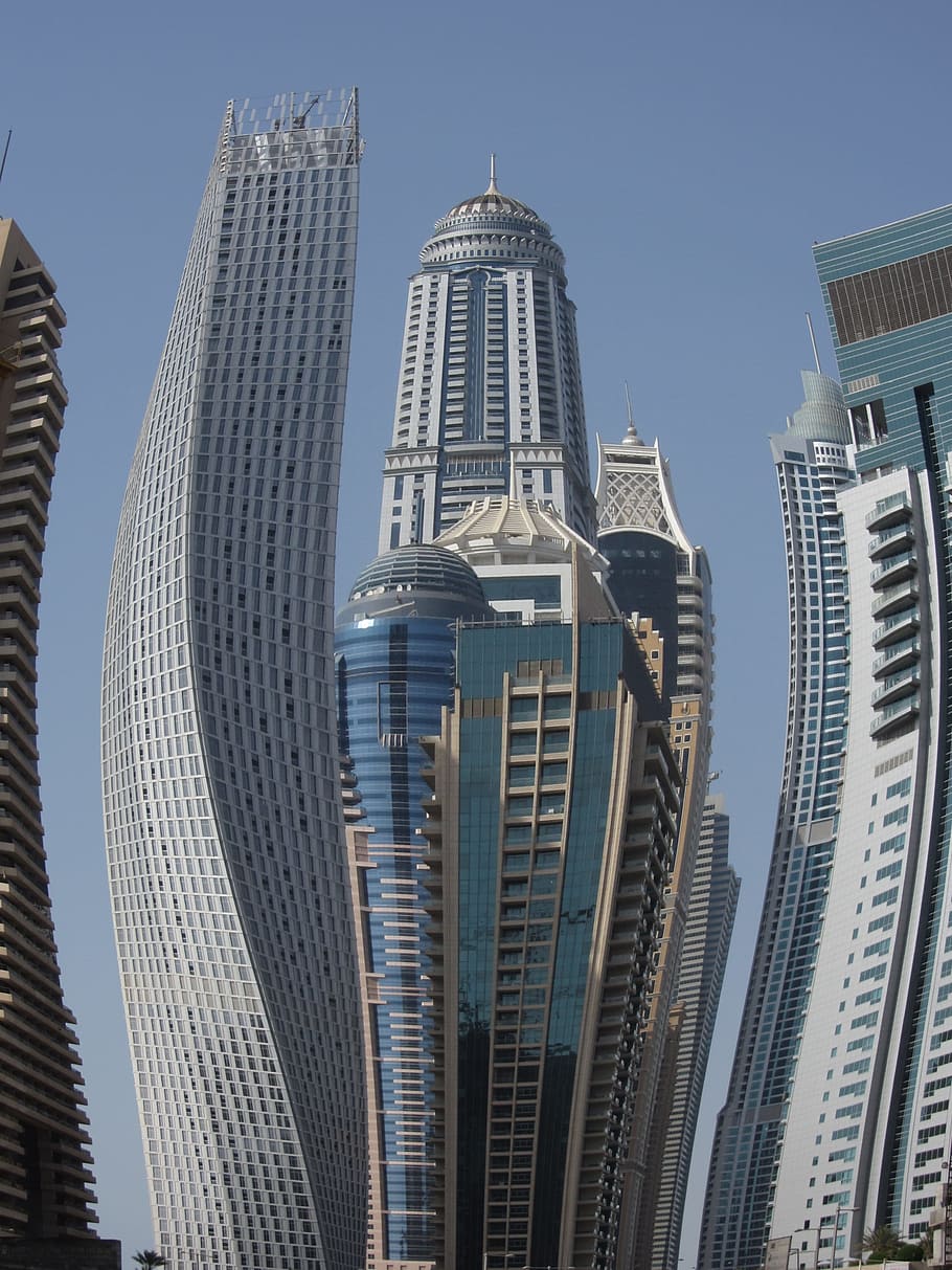 Pencakar Langit, Langit, Biru, Bangunan, Dubai, kota, kesenangan, Uni Emirat Arab, arsitektur, Adegan perkotaan