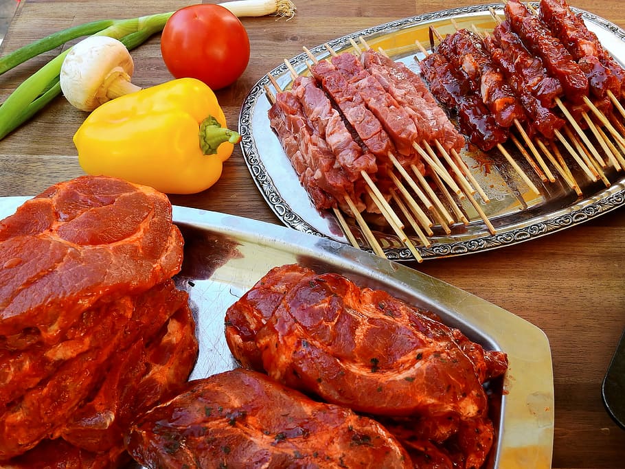 肉バーベキュー, テーブル, 肉, 生, おいしい, 食品, グリル, 肉のグリル, フリッシュ, 食べる