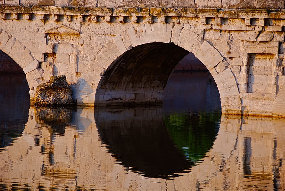 mirror photography, brown, bricked bridge, Rimini, Italy, Bridge, Ancient Rome, reflection, arch, water