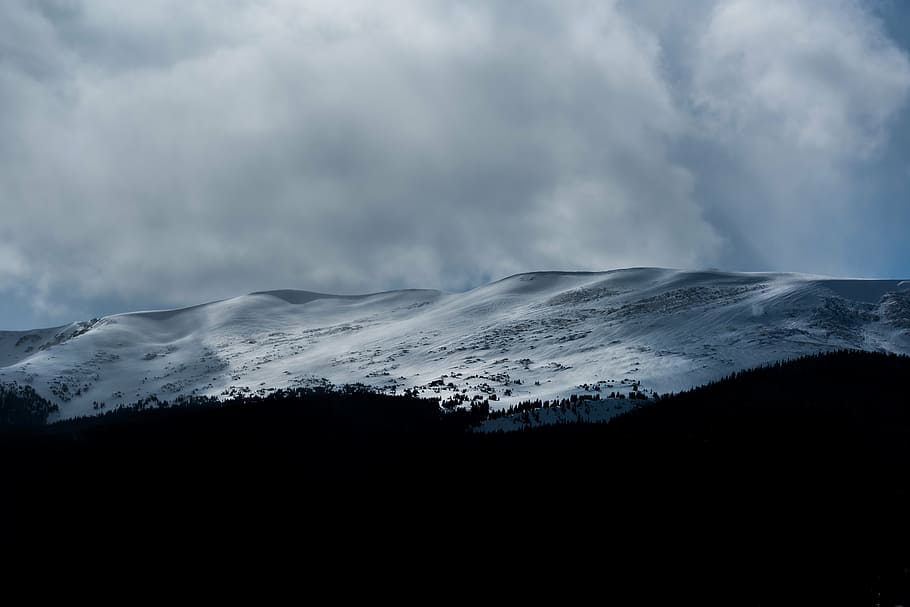snow, covered, mountain, silhouette, trees, highland, cloud, sky, summit, ridge