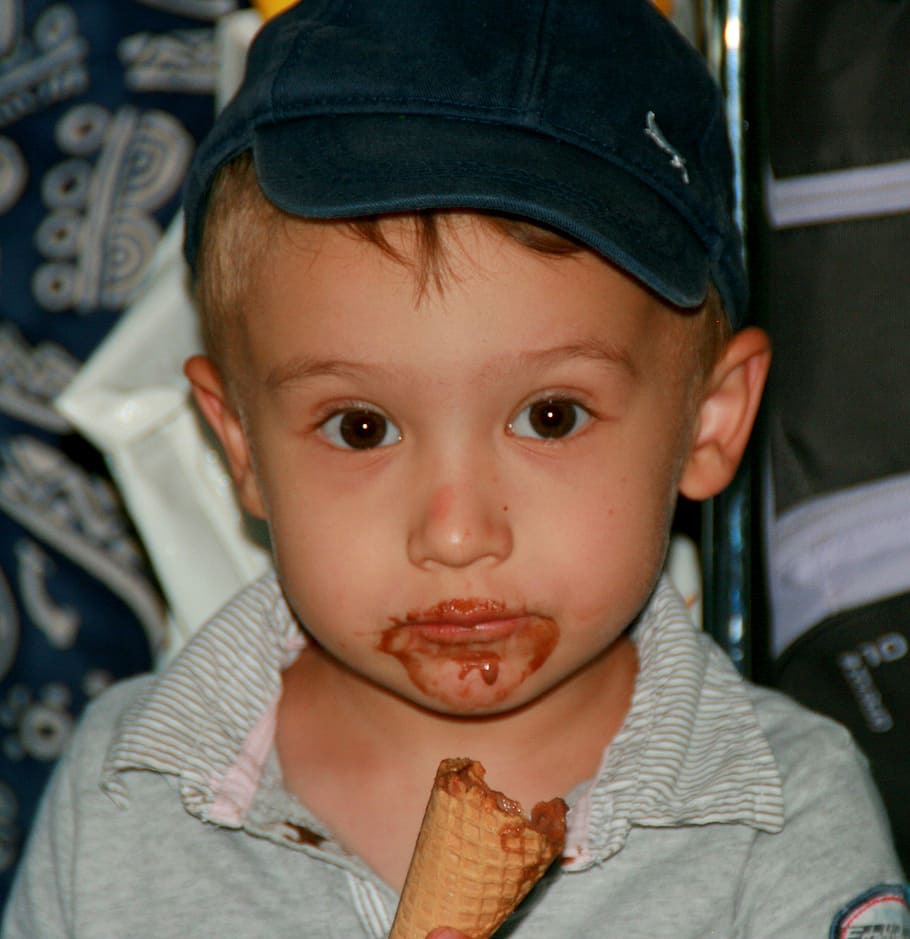 menino, sorvete, sujo, chocolate, criança, infância, vista frontal, inocência, retrato, uma pessoa