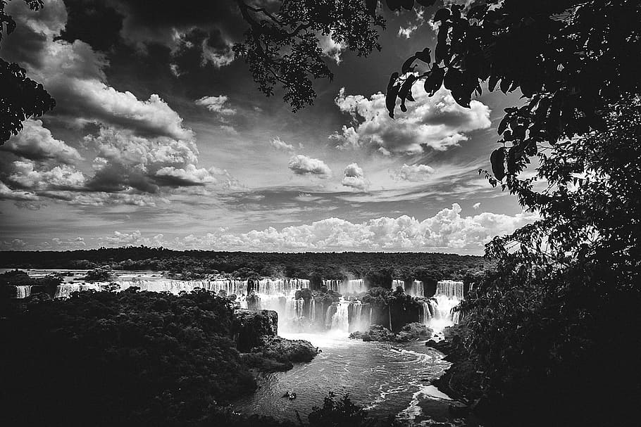 grayscale photo, waterfalls, greyscale, cloudy, sky, Iguazu Falls, landscape, river, trees, clouds
