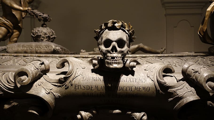 death, coffin, skull and crossbones, crypt, skull, representation, art and craft, sculpture, human representation, architecture