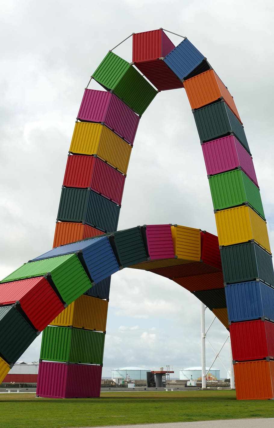 arc, work of art, container, color, le havre, france, metal, sky, cloud - sky, multi colored