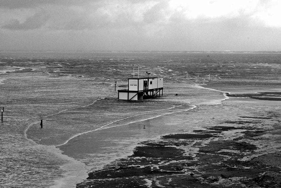sturmflut, blanker hans, costa del mar del norte, badewacht, salvavidas, dlrg, tormenta, fotografía de mal tiempo, monocromo, blanco y negro