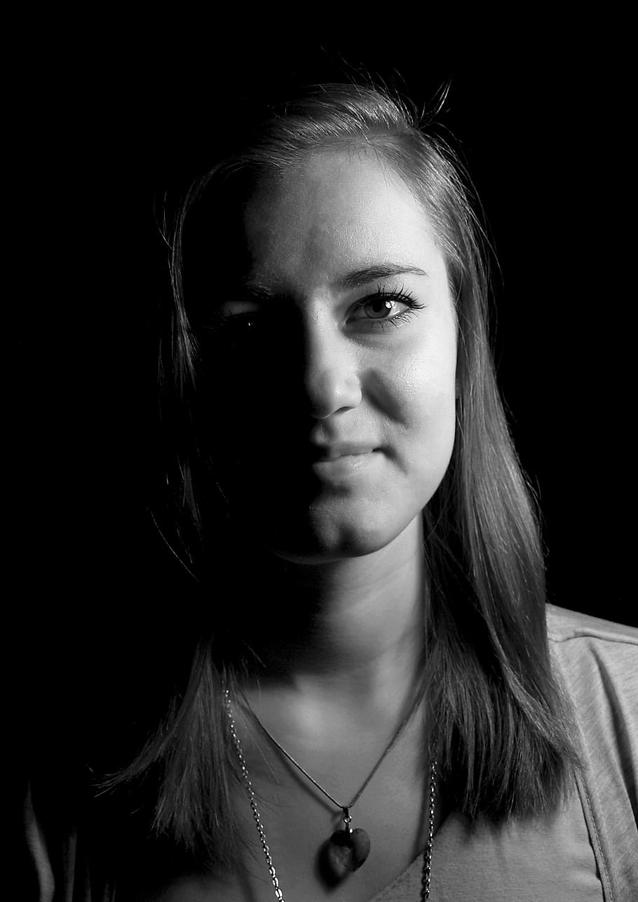 portrait, appreciate the, headshot, one person, young adult, front view, young women, black background, indoors, looking at camera