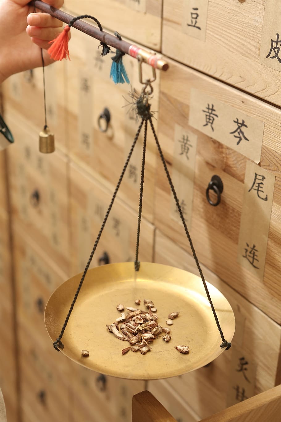chinese medicine, traditional chinese medicine weighing scales, traditional chinese, indoors, human hand, hand, one person, human body part, holding, close-up