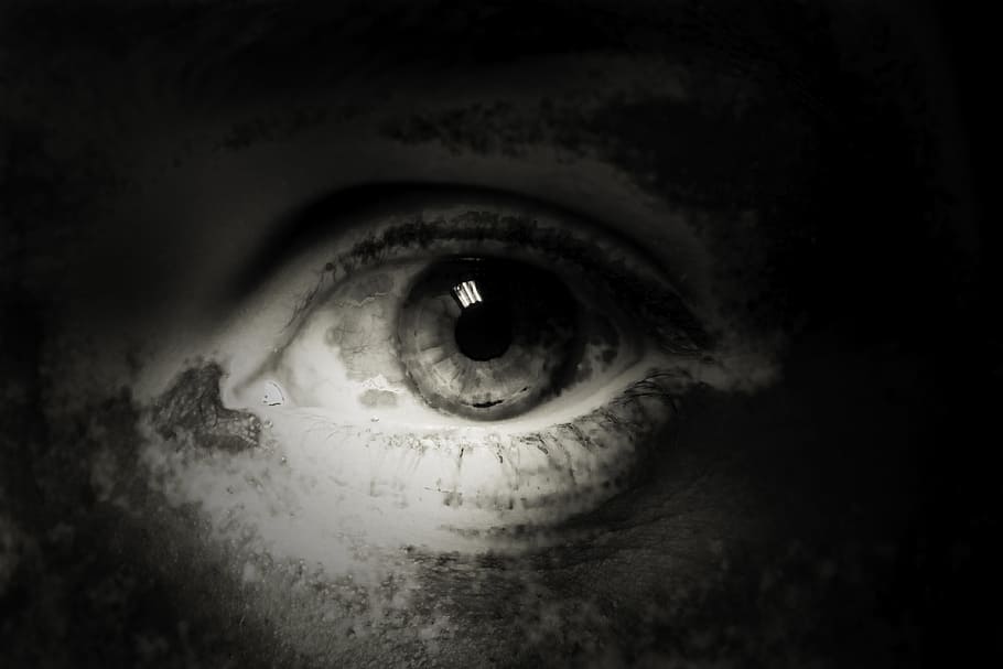 grayscale photography, right, human, eye, grayscale, photography, human eye, dirty, face, person