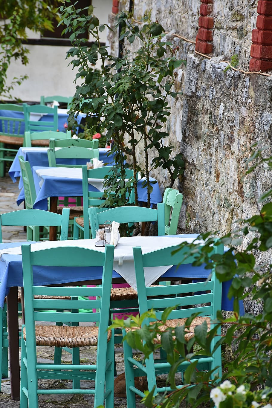 teal, blue, wooden, tables, chairs, concrete, wall, tavern, local, greece