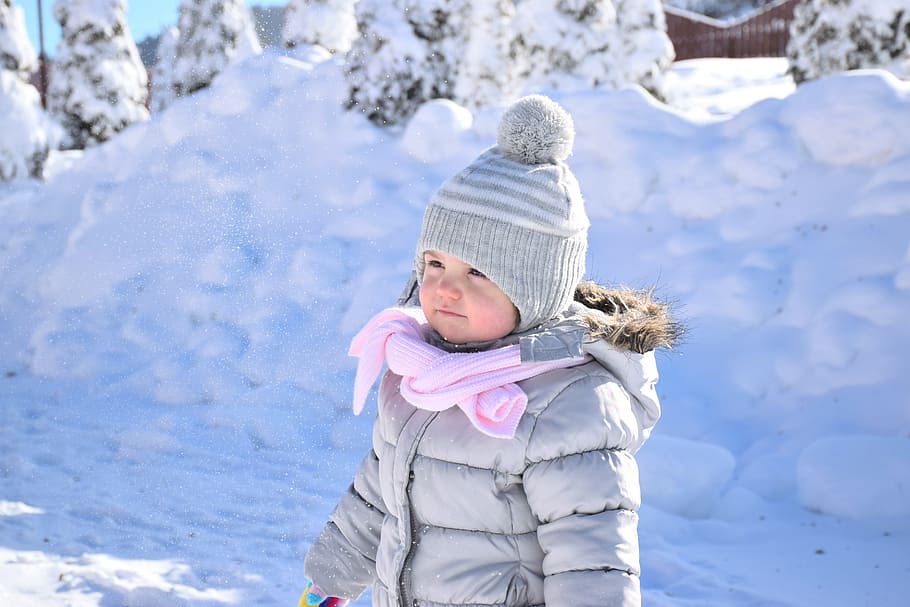 toddler, wearing, parka jacket, snow, baby, girl, white, happy, season, winter