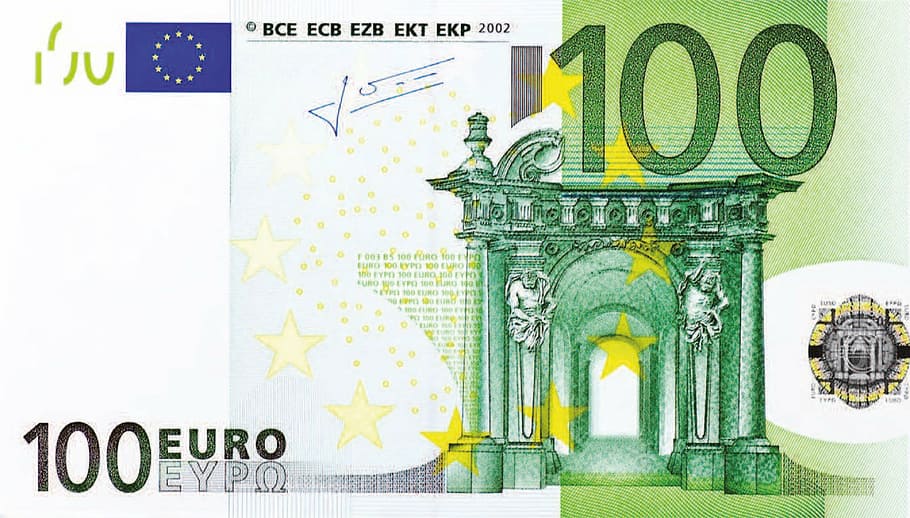 100 euro, uang kertas, uang, mata uang, keuangan, mata uang kertas, kekayaan, bisnis, warna hijau, foto studio
