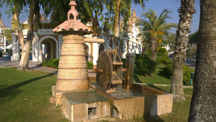fountain, waterwheel, water, palm, building, away, meadow, grass, sky, plant