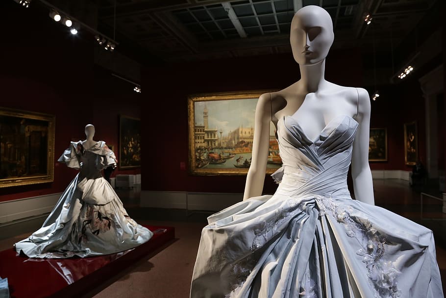 gray, white, sweetheart dress, theatre, mannequin, museum, art, contemporary art, people, drama