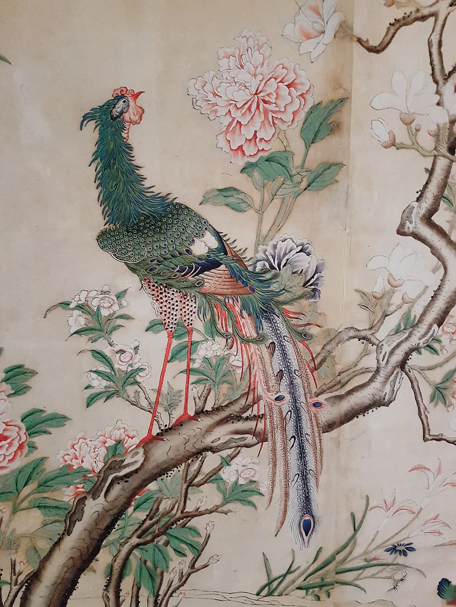 chinoiserie, papel tapiz de seda, seda, pabellón chino, drottningholm, estocolmo, pájaro, flores, antigüedades, temas animales