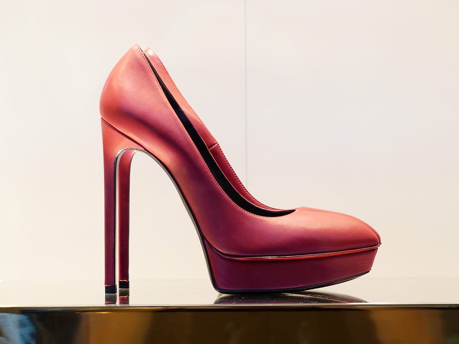 pair, red, leather platform stilettos, brown, surface, shoe, high heeled shoe, pumps, expensive, extravagant