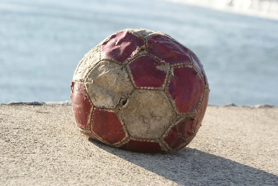 football, ball, old, leather, worn, sport, sports equipment, land, beach, close-up