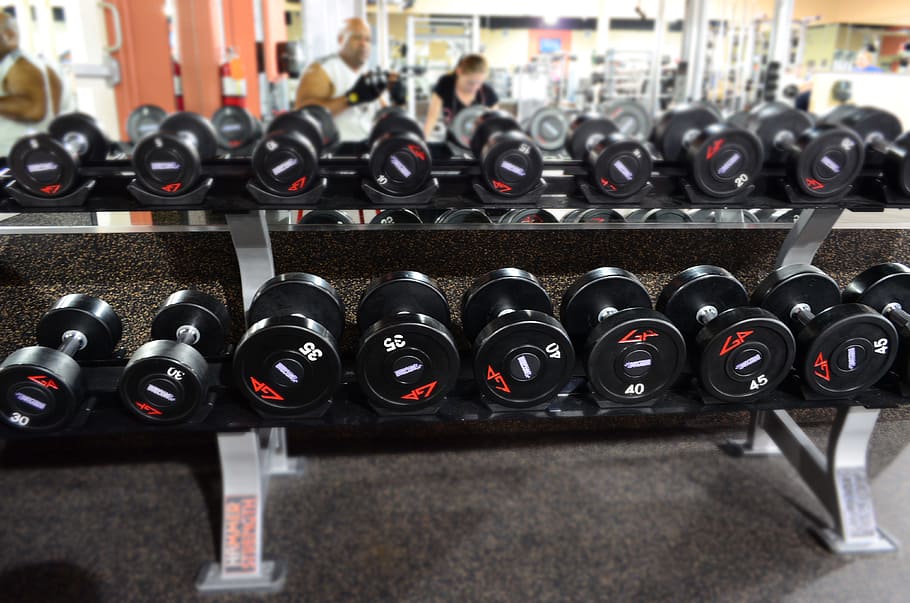 black steel dumbbells, Gym, Fitness, Sport, Equipment, wieghts, industry, indoors, fuel and power generation, technology