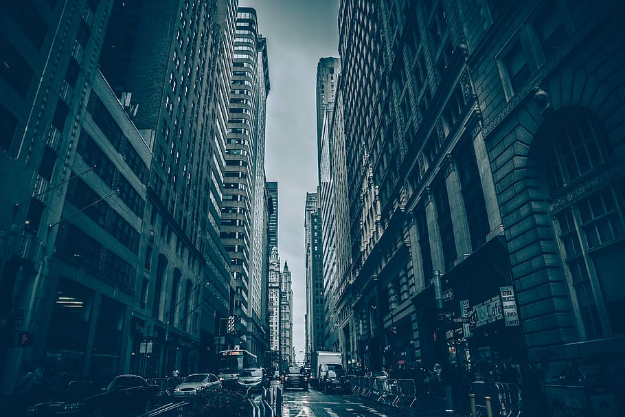 fotografia da paisagem urbana, edifícios, carros, escala de cinza, foto, alta, ascensão, Nova York, cidade, arquitetura