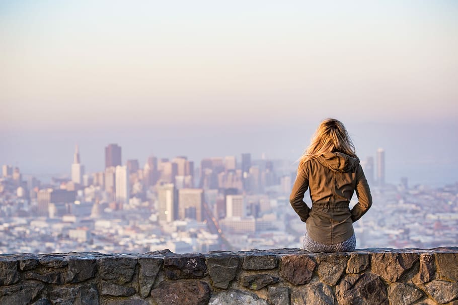 young, girl, enjoying, moment, looking, San Francisco, architecture, blonde, buildings, calm