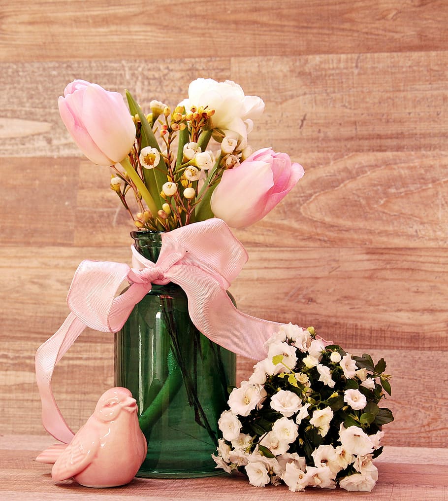 rosa, flores, verde, vaso de vidro, tulipas, ranúnculo, pássaro, vaso, vaso de flor, flores da primavera