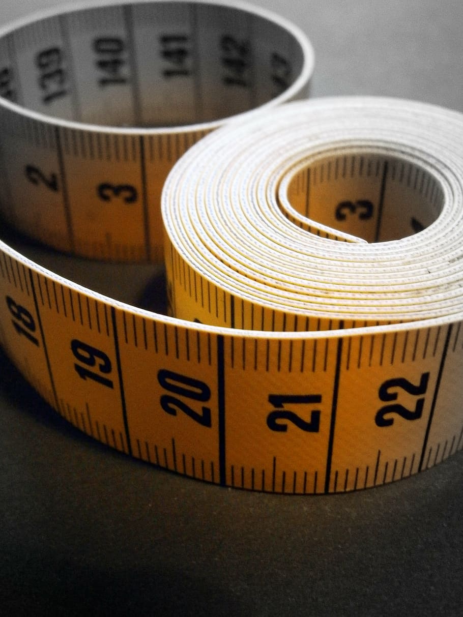 yellow, black, tape measure, gray, surface, measure, take measurements, number, digit, coiled