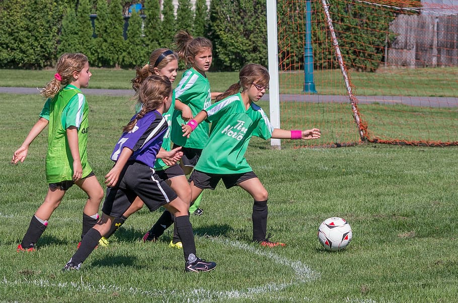 girls, playing, soccer, daytime, sport, summer, soccer ball, child, boys, soccer player