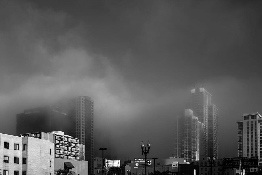 foggy, cloudy, clouds, skyline, city, black and white, architecture, building exterior, built structure, building
