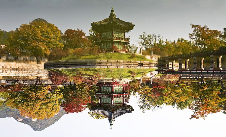 red, green, temple, body, water, facing garden, gyeongbok palace, traditional, construction, roof tile