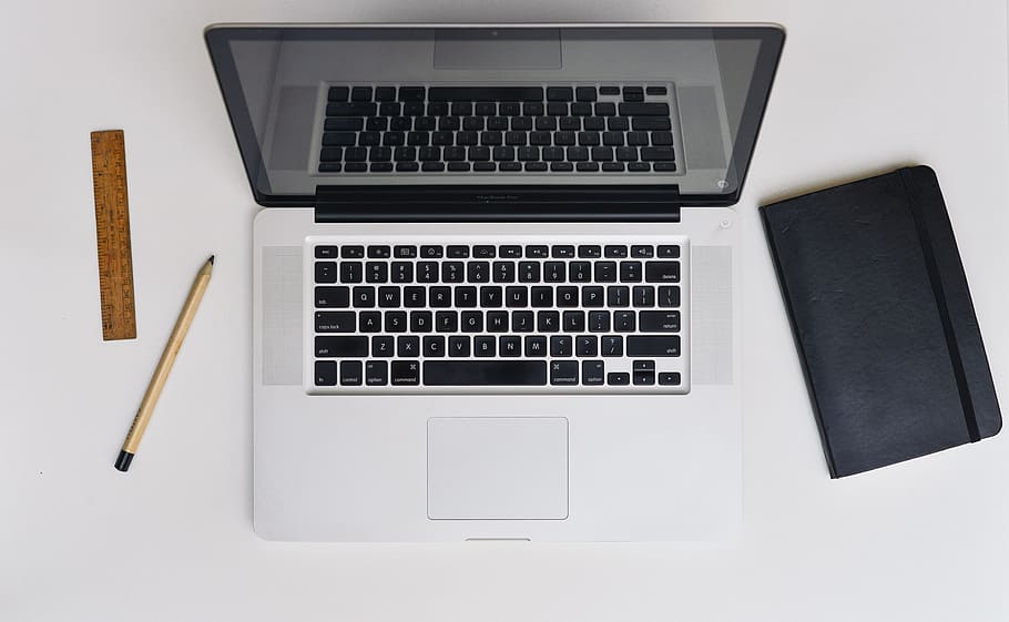 macbook pro, desk, laptop, notebook, computer, business, workplace, communication, ruler, pen