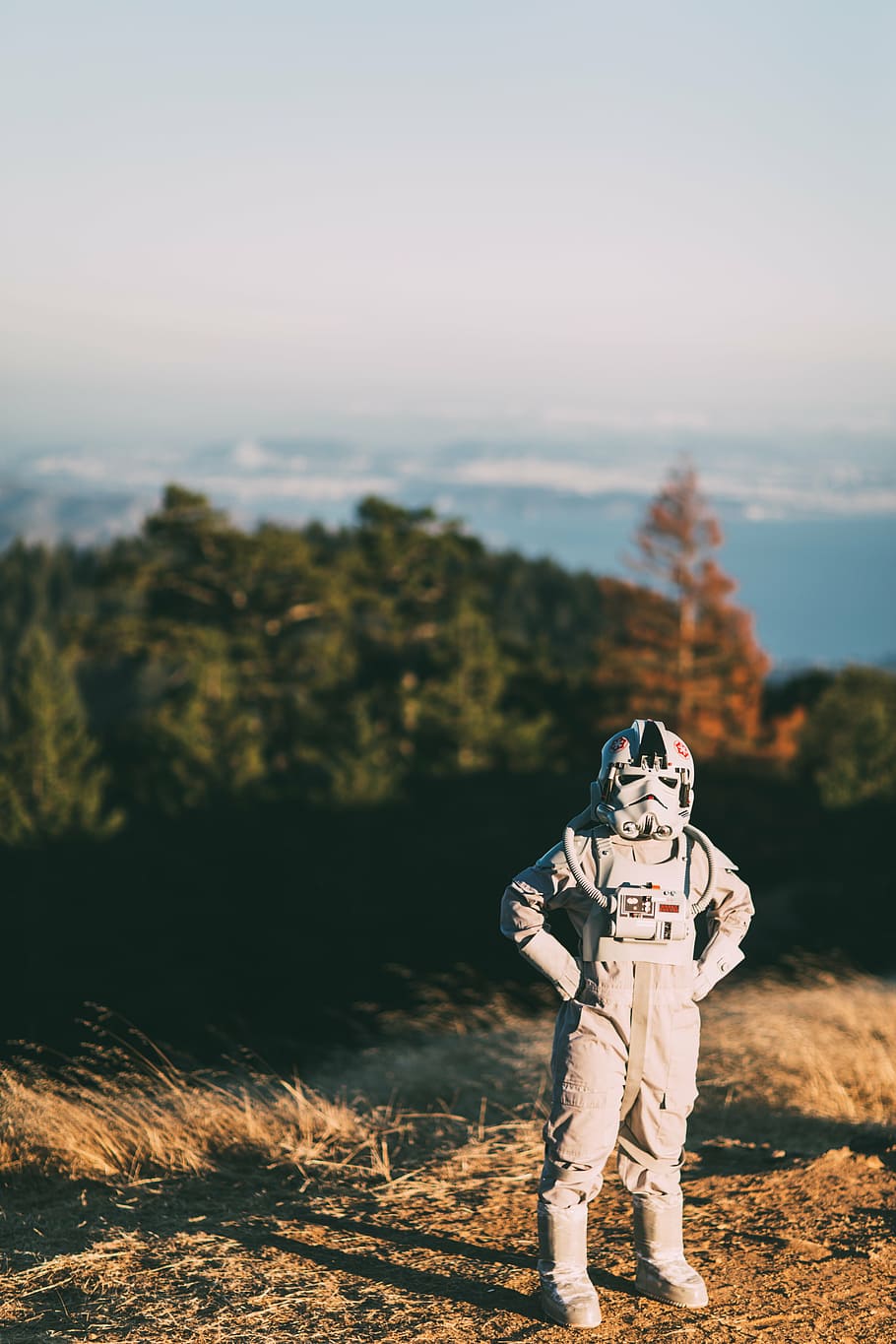 boy, wearing, stormtrooper costume, person, star, wars, costume, standing, mountain, daytime