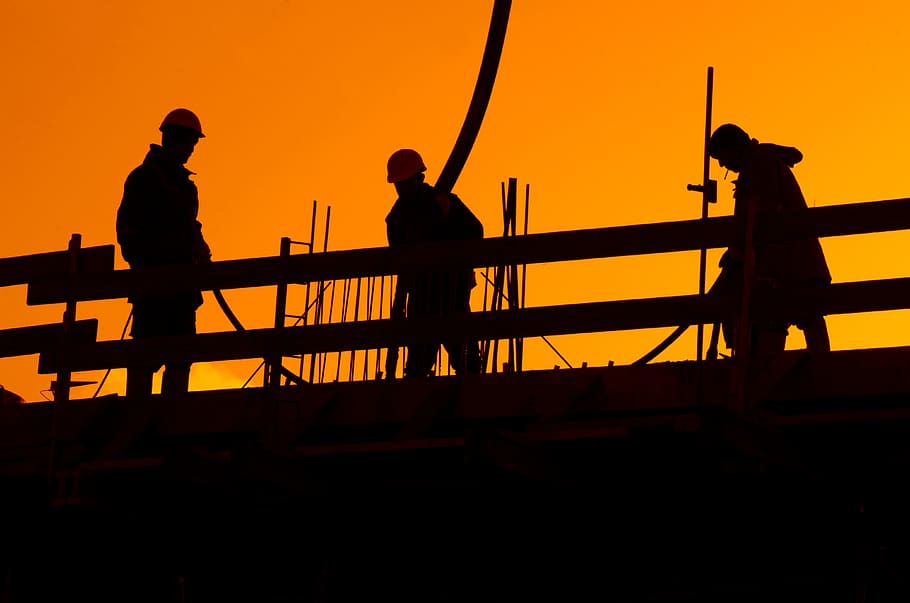 site, workers, construction workers, construction, build, building, silhouette, sunset, orange color, sky