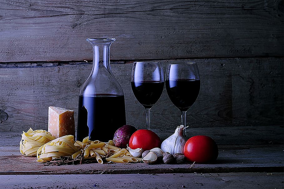 cheese, pasta, wine, tomatoes, spices, food and drink, food, still life, table, freshness
