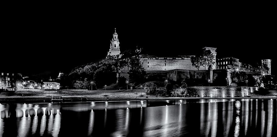 poland, kraków, wawel, night, black and white, water, building exterior, architecture, built structure, reflection