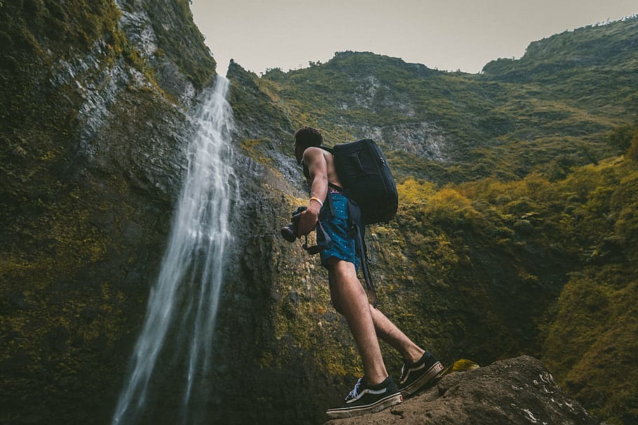 man, blue, shorts, wearing, backpack, waterfall, mountain, highland, sky, summit