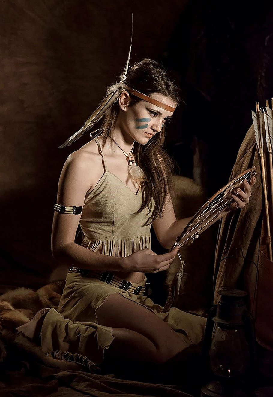 native, american woman, holding, dreamcatcher, model, costume, disguise, music, musical instrument, only women