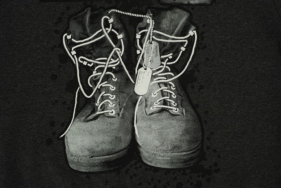 grayscale painting, combat boots, dog tags, shoes, grey, black, kazakh, graphics, fabric, pattern