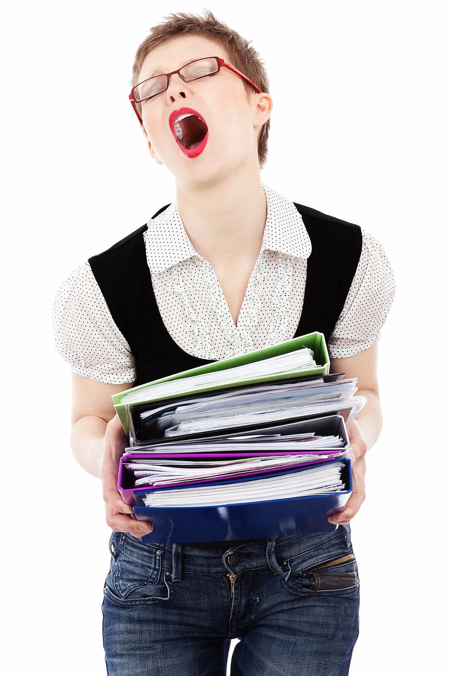 woman, carrying, file, folders, business, career, depressed, employee, exhausted, expression