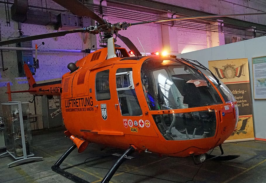 helicopter, bo 105, air rescue, rescue helicopter, ambulance helicopter, mode of transportation, transportation, orange color, air vehicle, airplane