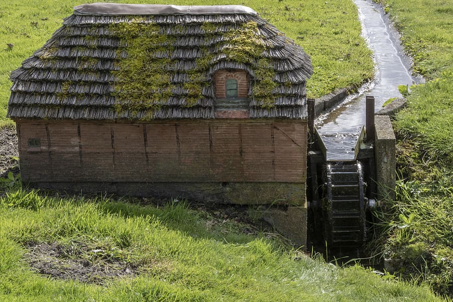 water mill, miniature, water, mill wheel, nearby attraction, mill, by the water, denmark, daugbjerg minilandsby, grass