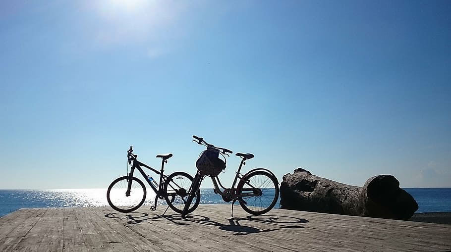two, mountain bicycles, dock, taiwan, pingtung, sunshine, hai bian, bicycle, silhouette, cycling