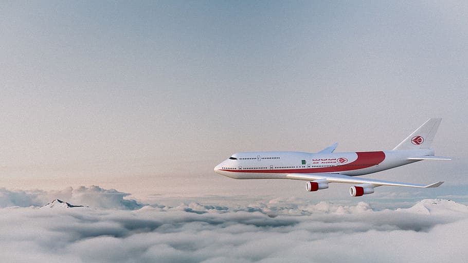 blanco, rojo, avión, nubes, podría, cielo, aerolínea, aire argelia, cg, 3d