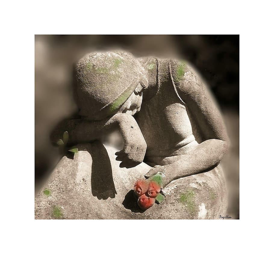 person, holding, three, red, rose, sculpture, red rose, mourning, woman, stone figure