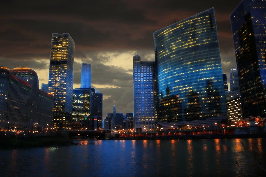 blue, high, rise building, body, water, chicago, downtown, dawn, thunderstorm, buildings