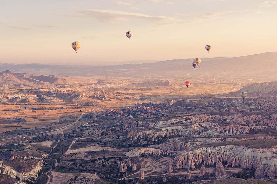 aerial, photography, hot, air balloons, daytime, hot air balloon, turkey, dirigible, air, landscape