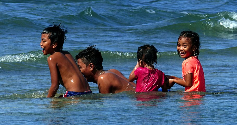 Fun, sun, Philippines, children play in sea, water, child, togetherness, childhood, sea, group of people