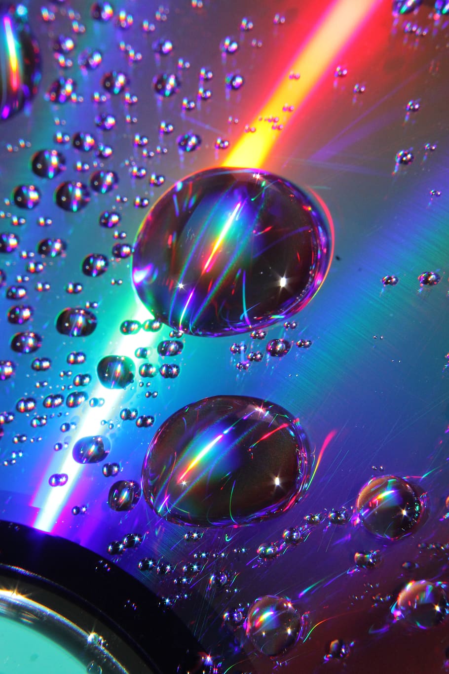 drops of water, music, violet, light, reflection, multi colored, sphere, close-up, indoors, disco ball