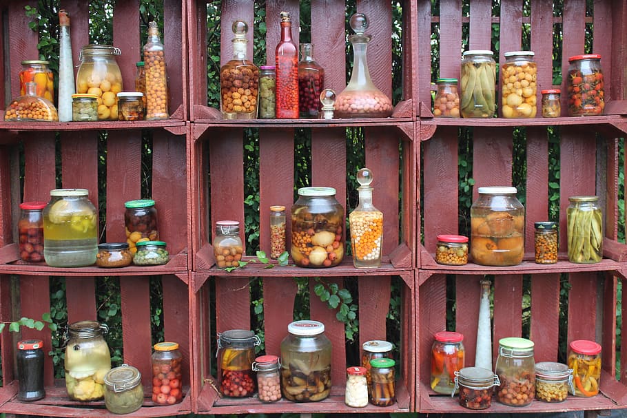 assorted-color container lot, spices, jars, cupboard, drawer, wood, preparations, pickles, yields, stocks